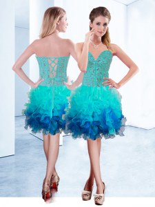 Super Aqua Blue Sweetheart Neckline Ruffles Prom Gown Sleeveless Lace Up