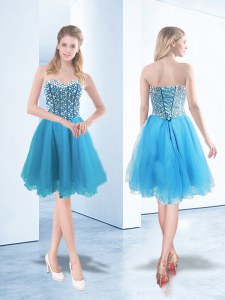 Luxury Knee Length Blue Prom Evening Gown Sweetheart Sleeveless Lace Up