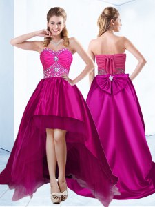 Sweet Beading and Ruching Prom Gown Fuchsia Lace Up Sleeveless With Brush Train