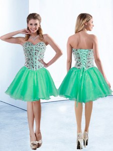 Most Popular Turquoise Organza Lace Up Prom Dress Sleeveless Knee Length Beading
