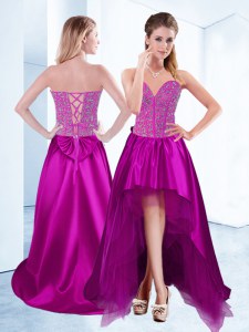 Fuchsia A-line Beading Prom Dresses Lace Up Satin Sleeveless High Low