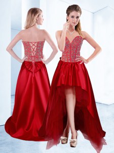 Fabulous Wine Red A-line Sweetheart Sleeveless Satin High Low Lace Up Beading Evening Dress