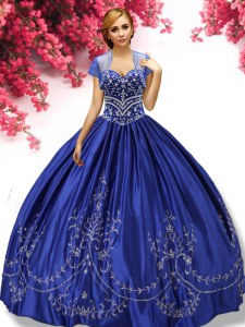 Discount Floor Length Lace Up Quinceanera Gowns Royal Blue for Military Ball and Sweet 16 and Quinceanera with Embroidery