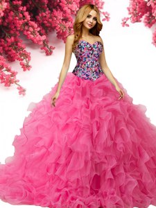 Cute Sleeveless Organza Floor Length Lace Up Sweet 16 Dress in Hot Pink with Beading and Ruffles