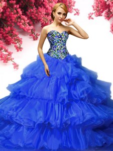Royal Blue Ball Gowns Sweetheart Sleeveless Organza Floor Length Lace Up Beading and Ruffled Layers 15 Quinceanera Dress