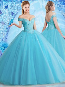 Aqua Blue Ball Gowns Tulle Off The Shoulder Sleeveless Beading and Lace Floor Length Lace Up Quinceanera Dresses