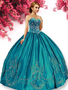 Deluxe Embroidery Sweet 16 Dresses Turquoise Lace Up Sleeveless Floor Length