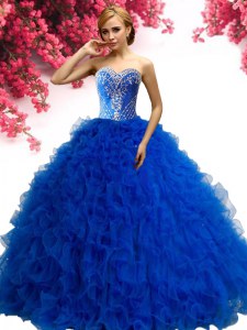 Royal Blue Sweetheart Neckline Beading and Ruffles Ball Gown Prom Dress Sleeveless Lace Up