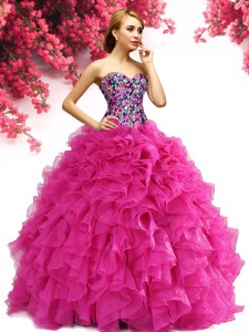 Hot Pink Ball Gowns Sweetheart Sleeveless Organza Floor Length Lace Up Beading and Ruffles Sweet 16 Dress