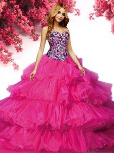 Delicate Beading and Ruffled Layers Quince Ball Gowns Fuchsia Lace Up Sleeveless Floor Length