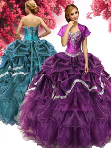 Fantastic Dark Purple Organza and Taffeta Lace Up 15th Birthday Dress Sleeveless Floor Length Beading and Ruffles and Pick Ups
