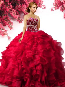 Delicate Sweetheart Sleeveless Quinceanera Gowns Floor Length Beading and Ruffles Red Organza