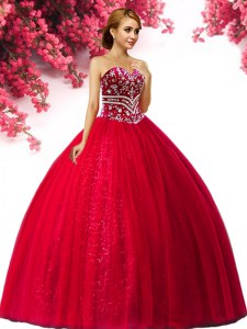 Most Popular Floor Length Lace Up 15th Birthday Dress Red for Military Ball and Sweet 16 and Quinceanera with Beading
