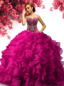 Spectacular Fuchsia Ball Gowns Beading and Ruffles Vestidos de Quinceanera Lace Up Organza Sleeveless Floor Length