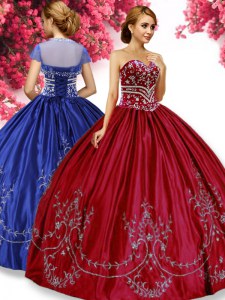 Wine Red Taffeta Lace Up Sweetheart Sleeveless Floor Length Sweet 16 Dresses Embroidery