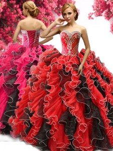 Cheap Red And Black Organza Lace Up Sweetheart Sleeveless Floor Length Sweet 16 Quinceanera Dress Beading and Ruffles