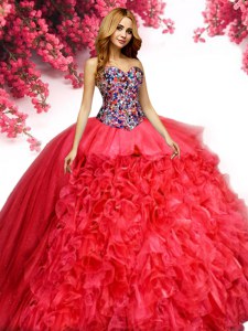 Artistic Floor Length Lace Up Vestidos de Quinceanera Red for Military Ball and Sweet 16 and Quinceanera with Beading and Ruffles