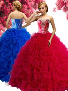 Red Ball Gowns Sweetheart Sleeveless Tulle Floor Length Lace Up Beading and Ruffles Sweet 16 Dress