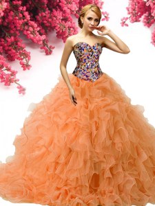 Dramatic Orange Ball Gowns Sweetheart Sleeveless Organza Floor Length Lace Up Beading and Ruffles Sweet 16 Quinceanera Dress