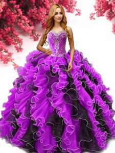 Extravagant Multi-color Organza Lace Up Sweetheart Sleeveless Floor Length Sweet 16 Dresses Beading and Ruffles
