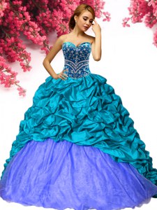 Fashion Sleeveless Beading and Pick Ups Lace Up Quinceanera Dress with Teal Brush Train