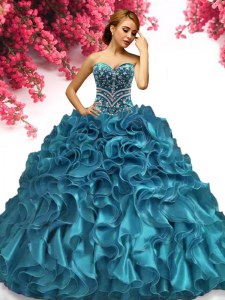 Beading and Ruffles Quinceanera Dresses Teal Lace Up Sleeveless Floor Length