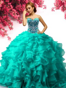 Pretty Turquoise Ball Gowns Sweetheart Sleeveless Organza Floor Length Lace Up Beading and Ruffles Sweet 16 Dresses