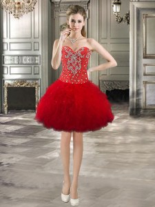 Red Tulle Lace Up Sweetheart Sleeveless Mini Length Prom Dresses Beading and Ruffles