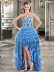 Hot Selling Blue Sleeveless High Low Beading and Ruffled Layers Lace Up Prom Party Dress