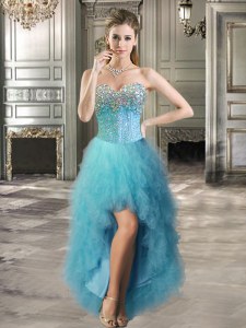 Graceful Sweetheart Sleeveless Tulle Evening Dress Beading and Ruffles Lace Up