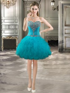 Sweetheart Sleeveless Cocktail Dresses Mini Length Beading and Ruffles Teal Tulle