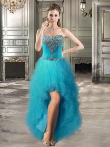 Sleeveless High Low Beading and Ruffles Lace Up Homecoming Dress with Teal