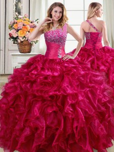 Sumptuous One Shoulder Sleeveless Lace Up Floor Length Beading and Ruffles 15 Quinceanera Dress