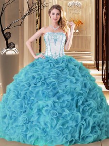 Traditional Aqua Blue Ball Gowns Fabric With Rolling Flowers Strapless Sleeveless Embroidery and Ruffles Floor Length Lace Up 15 Quinceanera Dress