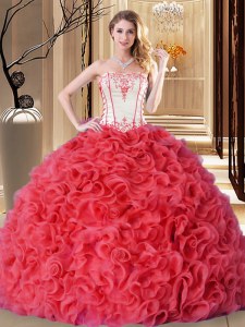 Coral Red Ball Gowns Embroidery and Ruffles 15 Quinceanera Dress Lace Up Fabric With Rolling Flowers Sleeveless Floor Length