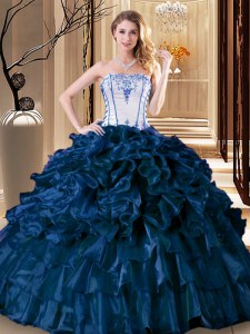 Navy Blue Ball Gown Prom Dress Military Ball and Sweet 16 and Quinceanera and For with Pick Ups Strapless Sleeveless Lace Up