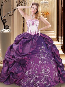 Purple Lace Up Strapless Embroidery Quinceanera Gowns Taffeta Sleeveless