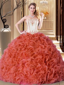 Exceptional Strapless Sleeveless Fabric With Rolling Flowers Ball Gown Prom Dress Embroidery and Ruffles Lace Up