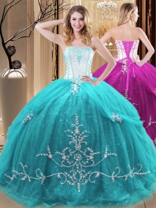 Floor Length Aqua Blue Quinceanera Gowns Tulle Sleeveless Embroidery