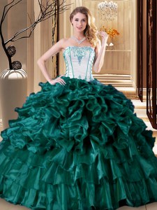 Traditional Ruffled Ball Gowns 15 Quinceanera Dress Turquoise Strapless Organza Sleeveless Floor Length Lace Up