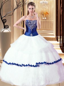 White and Royal Blue Organza Lace Up Vestidos de Quinceanera Sleeveless Floor Length Beading and Ruffled Layers