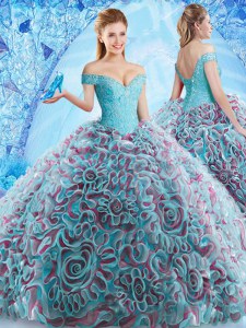 Designer Multi-color Ball Gowns Off The Shoulder Sleeveless Fabric With Rolling Flowers Court Train Backless Beading and Appliques and Ruffles Sweet 16 Dress