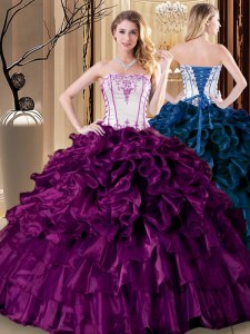 Pretty Strapless Sleeveless Quinceanera Gowns Floor Length Pick Ups Purple Organza