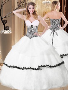 Glittering White Organza Lace Up Ball Gown Prom Dress Sleeveless Floor Length Ruffled Layers and Pattern