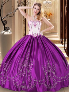 Purple Ball Gowns Embroidery Quinceanera Dresses Lace Up Taffeta Sleeveless Floor Length