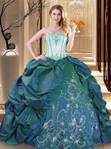 Turquoise Ball Gowns Strapless Sleeveless Taffeta Floor Length Lace Up Embroidery and Pick Ups Vestidos de Quinceanera