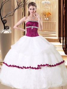 Glittering White Ball Gowns Strapless Sleeveless Organza Floor Length Lace Up Beading Quinceanera Gowns