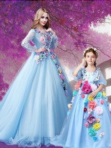 Fashion V-neck Long Sleeves Sweep Train Lace Up Quinceanera Dress Baby Blue Organza