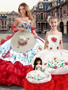 Custom Designed Embroidery Quinceanera Dress White And Red Lace Up Sleeveless Floor Length